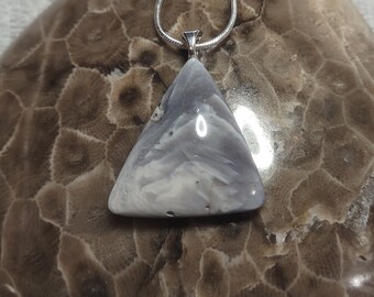 Unique and beautiful Triangular Shaped Leeland Blue pendant; Leeland Michigan Slag glass. With silver plated bail and Sterling Silver Chain.
