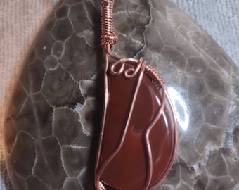 Unique Copper Wire Wrapped Lake Superior Agate Pendant with Leather Cord. Exquisite!