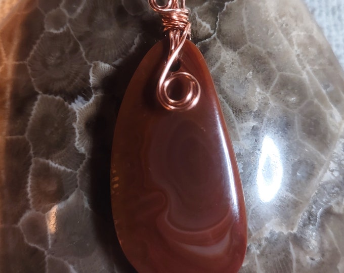 Featured listing image: Stunning Copper Wire Wrapped Lake Superior Agate Pendant with Leather Cord.