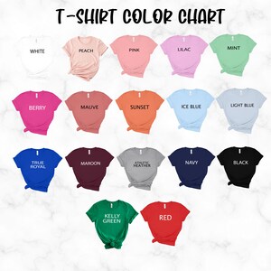 Peut inclure: Un nuancier de couleurs de t-shirts pr&eacute;sentant diverses couleurs. Le nuancier comprend des couleurs telles que le blanc, p&ecirc;che, rose, lilas, menthe, baie, mauve, coucher de soleil, bleu glace, bleu clair, bleu roi, bordeaux, gris athl&eacute;tique, marine, noir, vert kelly et rouge.