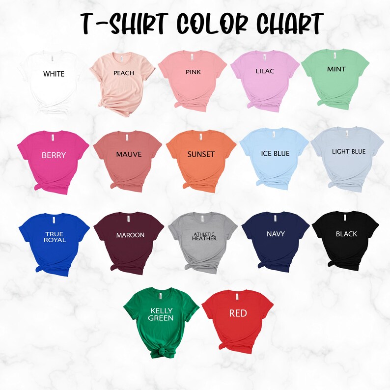 Peut inclure: Un nuancier de couleurs de t-shirts pr&eacute;sentant diverses couleurs. Le nuancier comprend des couleurs telles que le blanc, p&ecirc;che, rose, lilas, menthe, baie, mauve, coucher de soleil, bleu glace, bleu clair, bleu roi, bordeaux, gris athl&eacute;tique, marine, noir, vert kelly et rouge.