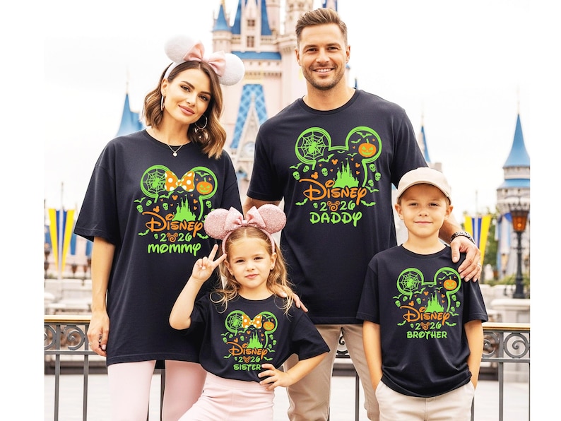May include: Black short-sleeve t-shirts featuring a neon green and orange graphic of a Mickey Mouse silhouette, a castle, spiderwebs, and pumpkins. The text reads Disney 2026 with individual labels including Mommy, Daddy, Sister, and Brother.