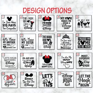 May include: Twenty square designs with Disney-themed text and graphics. Each design features a Mickey Mouse silhouette or bow, with phrases like "I'm Just Here" and "Disney Life Happy Wife".