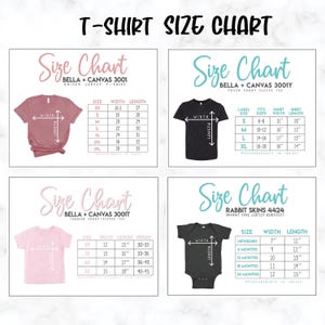 Puede incluir: Una tabla de tallas de camisetas con cuatro gu&iacute;as diferentes. La parte superior izquierda muestra una camiseta rosa con medidas para camisetas unisex Bella + Canvas 3001. Las otras tablas muestran tallas para j&oacute;venes, ni&ntilde;os peque&ntilde;os y beb&eacute;s.