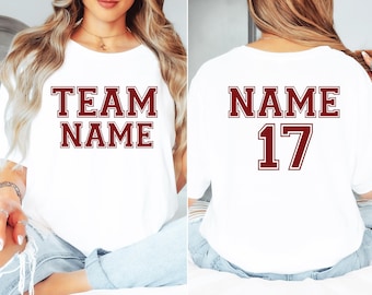 Camiseta deportiva personalizada: Nombre y número del equipo personalizados en la espalda, tipografía universitaria, cualquier color del equipo.