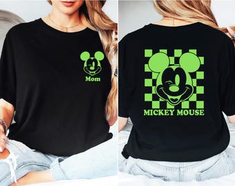 Retro Mickey Checkered Shirt, Neon Green Magic Kingdom Family Vacation Tee