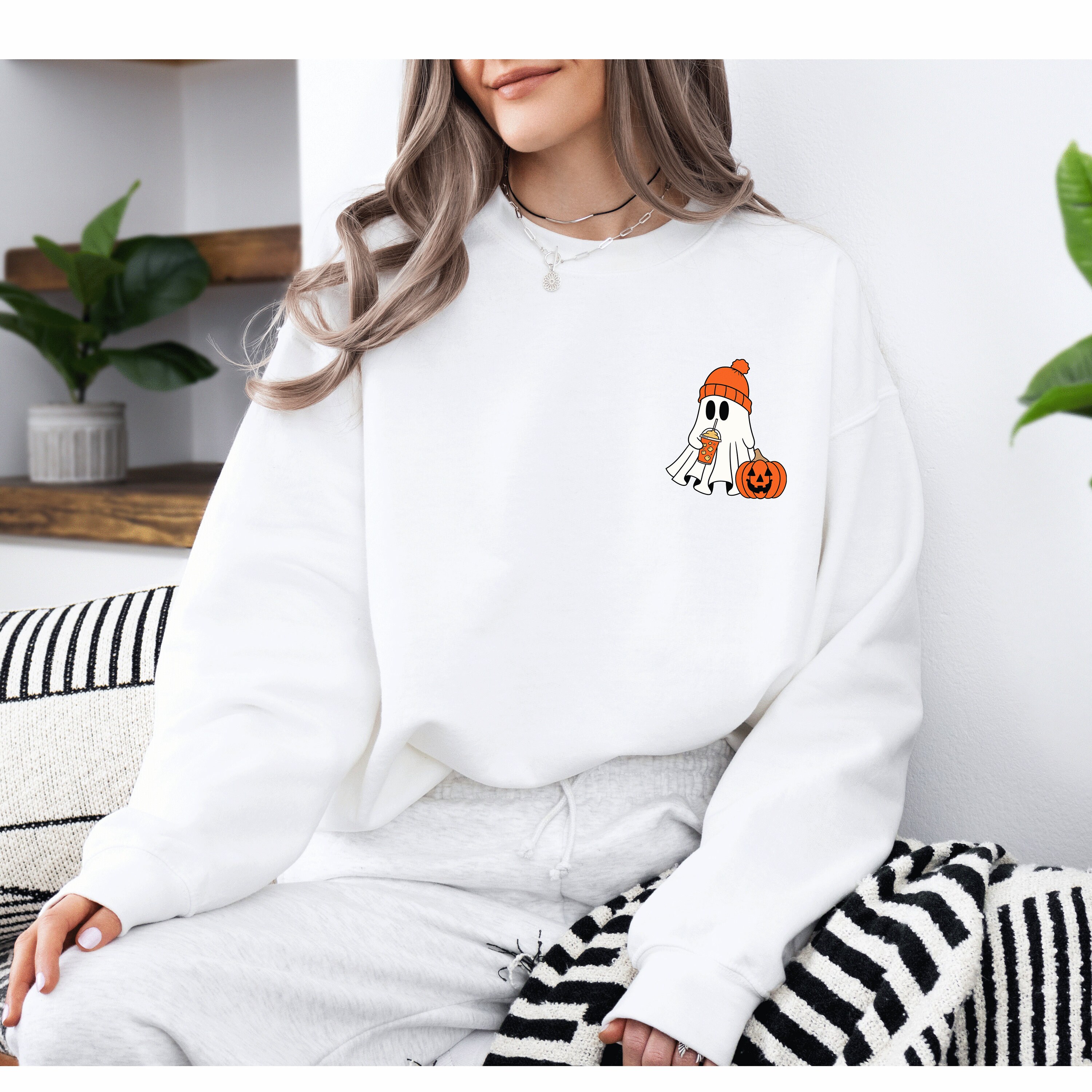 Pull Halloween Femme à Manches Longues - Motif Fantôme Mignon, Tendance, Pour Automne Et Fêtes Effrayantes
