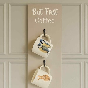 Handmade Rustic Wooden Mug Rack: Wall Mounted Coffee Cup Display
