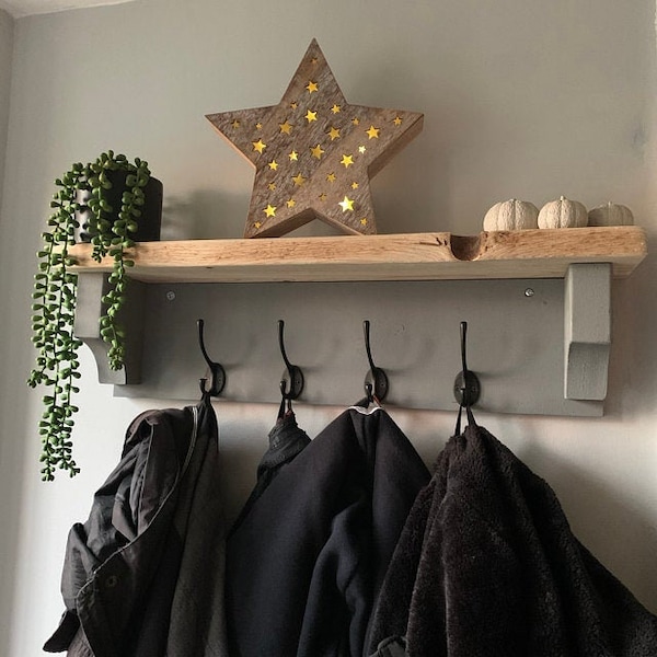 Handmade Rustic Coat Rack Shelf, Cast Iron Hooks, Farmhouse Entrance Way Decor