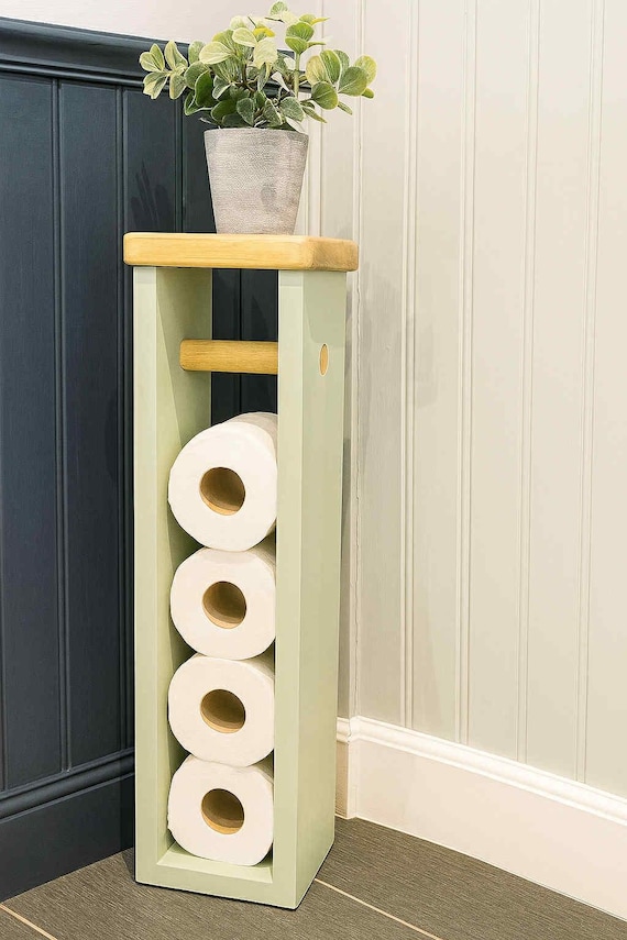 Handmade Rustic Wooden Toilet Roll Holder: Freestanding Bathroom Storage