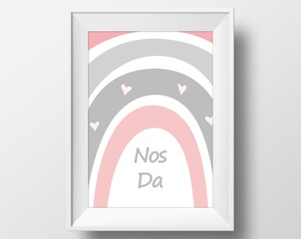 Nos Da Print, Nos Da Print for Kids Bedroom, Welsh Print for Nursery girls bedroom, rainbow nursery, welsh baby gift, Nos Da Gift, Cymru