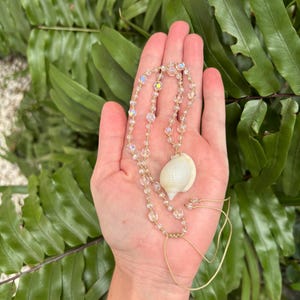 May include: A delicate necklace featuring a white seashell pendant. The necklace is adorned with iridescent beads and a gold-colored chain. The seashell is the focal point, set against a backdrop of green foliage.