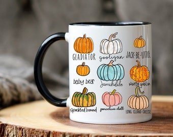 coffee mug, fall coffee mug, autumn coffee mug, gift for coffee lover, fall gifts, gifts for fall, pumpkin varieties, fall coffee mug