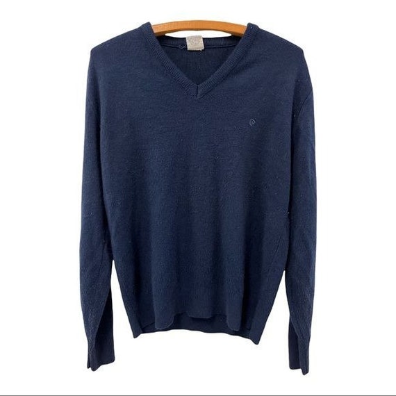 888AntiquesDesign Vintage Men's Pierre Cardin V Neck 100% Soft Orlon Knit Navy Blue Sweater Size L
