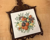 Vintage Mid-Century Cast Iron Trivet Made in Japan Ceramic Tile in Cast Iron Frame Trivet