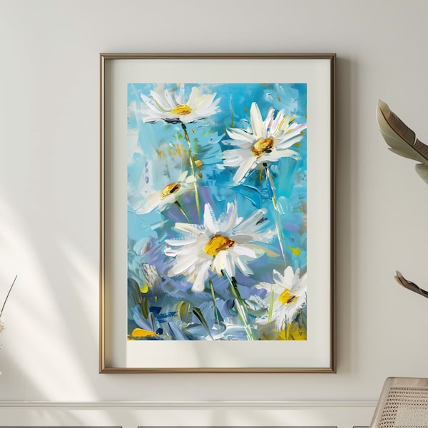 Daisy Flowers Artwork, Impasto Painting, Vibrant Colors & Abstract Texture Art, Floral Artwork in Oil Pastel, Digital Download, #2