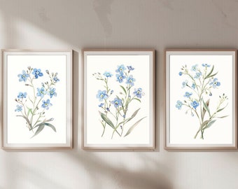 Forget Me Nots Watercolor Flowers - 3 Piece Vintage Botanical Prints, Floral Artwork for Gallery Wall, Digital Download - Beautiful Aura
