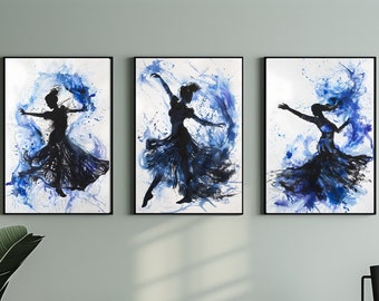 Woman Silhouette, Three Piece Wall Art, Blue Color Scheme, Inner Beauty, Vibrant Watercolor Splash, Paint Splatter Decor
