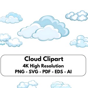 Può includere: Un set di sette nuvole blu di cartoni animati, perfetto per aggiungere un tocco fantasioso ai tuoi progetti. Le nuvole sono di varie forme e dimensioni e sono tutte contornate di nero. Cloud Clipart 4K Alta Risoluzione PNG - SVG - PDF - EDS - AI
