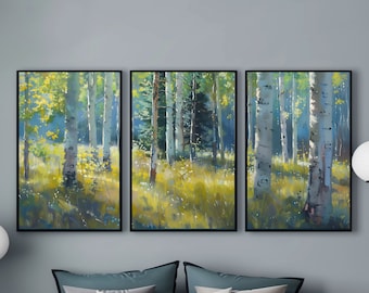 アスペンの木、3 ピースの壁画、オイル パステル、三連画、風景画、鮮やかな色、アース トーン、アスペン林、ポプラ トレムロイデス、