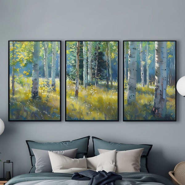 Aspen Trees, Three Piece Wall Art, Oil Pastels, Triptych, Landscape Painting, Vibrant Colors, Earth Tones,Aspen Grove,Populus Tremuloides,#2