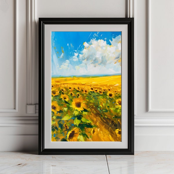 Field of Sunflowers: Vibrant Nature Painting, Oil and Acrylic Mix, Sunflower Art, Impressionism, Digital Download Art