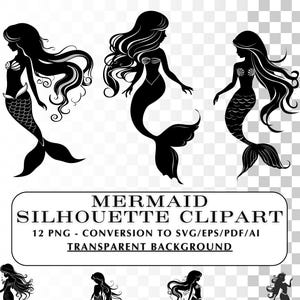 Mermaid Silhouette Clipart - PNG Images for Commercial & Personal Use, Printable Art, Ocean Themed Decor.  Vector for Sublimination.  Cricut