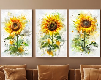 Sunflower Watercolor Three Piece Triptych Art Set, Vibrant color splash, Set of Three Botany Prints, Watercolor Drip, Dynamic tones,