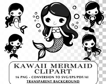 Kawaii Mermaid Silhouette Clipart! 16 Cute Mermaid Silhouette Images.  Black and White, Svg, Png, Vector images.  Cricut for Crafts. DIY
