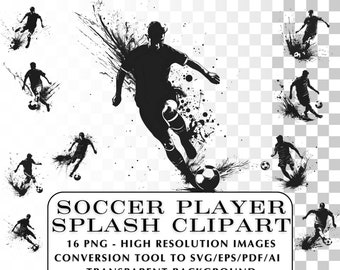 Football Player SVG Clipart.  20 Soccer Splash Silhouettes.  Football SVG and Foot Ball Player Clipart.  Outline Graphics for DIY projects