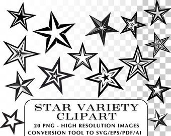 Star Clipart!  20 Star Silhouette Variety Images.  Transparent Background, Variations of Twinkle Clipart Shapes and Designs.  Outline Images
