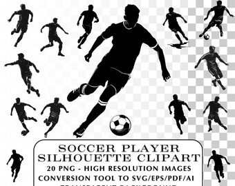 Football Clipart.  20 Soccer Clip Art Silhouette.  Football SVG and Foot Ball Player Images.  Outline Graphics for Sports Clipart Projects