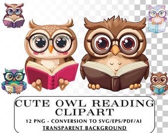 Cute Reading Owl Clipart! 12 Kawaii Owl Clip Art Reading.  PNG, SVG, Vector images and graphics used for projects and crafts! Craft Idea