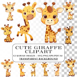Clipart girafe mignon - 12 images clipart girafe kawaii - SVG, PNG.  Graphismes mignons de bébé animal - Graphismes d'artisanat adorables