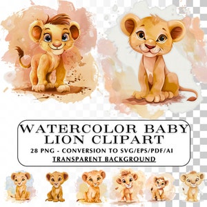 Clipart di un adorabile cucciolo di leone! 28 immagini clipart di cuccioli di leone ad acquerello. Grafica PNG e vettoriale. Immagini vettoriali di cuccioli di leone. Adorabili per i progetti.