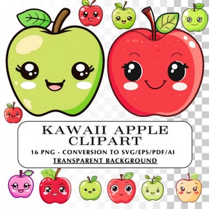 Kawaii Apple Clipart! 16 Imagens de Clip Art de Maçã Fofas. Gráficos Vetoriais de Ilustrações de Frutas Fofas para sublimação e gráficos de projetos DIY