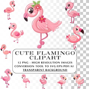Flamingo-clipart! 12 kawaii roze flamingo-clipart-png-afbeeldingen.  Kawaii schattige tropische vogels.  Schattige graphics voor doe-het-zelfprojecten