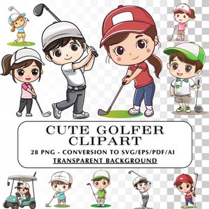 ¡Presentación de golfistas adorables! 28 imágenes prediseñadas de golf kawaii. Imágenes de golfistas infantiles adorables para usar en archivos PNG y SVG, manualidades y proyectos.