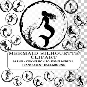 Clipart Silhouette de sirène - 24 images clipart contour de sirène !  Graphiques de silhouette.  PNG, SVG, vecteur pour projets de bricolage - Noir | Blanc