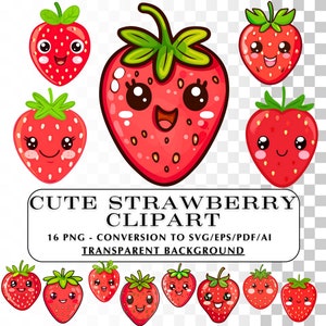 Joli clipart aquarelle fraise !  28 cliparts kawaii fraise.  Fruits kawaii PNG.  Clipart SVG adorable de petits fruits rouges - graphiques d'artisanat de bricolage
