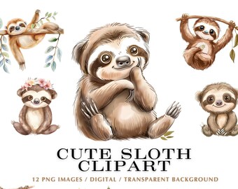 Sloth Clipart - 12 PNG Bundle of Cute Sloth Clip Art, Cute Animal Hanging Printables. Kawaii Animal Clipart - Watercolor Graphics