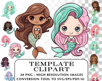 ¡20 imágenes prediseñadas de sirenas adorables! Imágenes prediseñadas PNG de sirenas adorables. Para usar en manualidades, proyectos, bricolaje, etc.