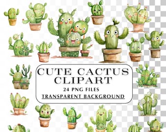 Kaktus Clipart.  24 PNG transparenten Hintergrund süsser Kaktus Clip art.  Vielzahl von bezaubernden Bildern.  Aquarell Grafiken zum Selberbasteln