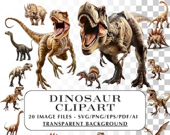 May include: A selection of dinosaur clipart images featuring various species, including a Tyrannosaurus Rex and Stegosaurus, with a transparent background. The image includes the text "DINOSAUR CLIPART" and "20 IMAGE FILES - SVG/PNG/EPS/PDF/AI - TRANSPARENT BACKGROUND."