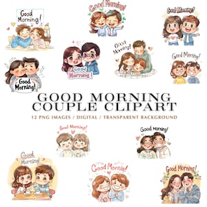 Clipart de buenos días para pareja - Paquete de 12 PNG - Lindas imágenes prediseñadas de buenos días para pareja, PNG de buenos días, idea de regalo para él y para ella