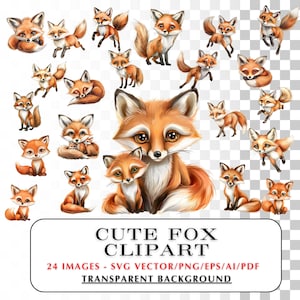 Fox Clipart. 24 Color Pencil Style Fox PNG,  Cute Foxes Clip Art.  Woodland Animal SVG, Animal Clipart - Great Gift and Project Images