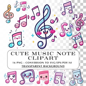 May include: A set of 16 digital clipart images of cute cartoon music notes in various colors, including pink, blue, and purple. The notes have smiling faces and are perfect for adding a whimsical touch to any project.