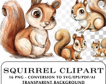 ¡Clipart de ardilla! 16 ardillas estilo lápiz de color PNG, SVG, EPS, pdf, ai, etc. Ideal para manualidades. Lindas criaturas del bosque.