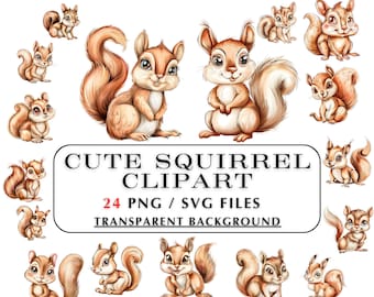 Squirrel Clipart - 24 Image Bundle. Cute Squirrel SVG Vector Graphics, hand drawn details, PNG, SVG files. Transparent background - diy idea