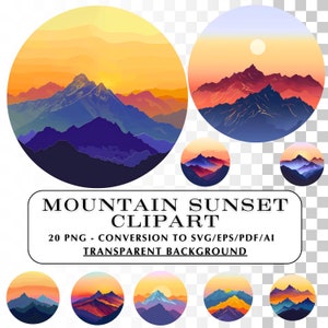 Sunset Mountains Clipart!  28 Mountain Vector Sunset Images.  Round Mountains Clip Art Summer Sun Set with Peak Silhouettes. Sticker idea